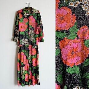 Vintage 70s Elaine Sklar Lingerie Co Metallic Floral Print 2 Piece Lounge Set M